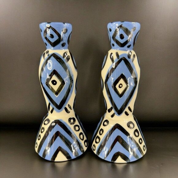 Hand Painted Vintage Pottery Candle Stick Holder Set 2 Signed YCHUK Abstract 2 - Picture 2 of 11